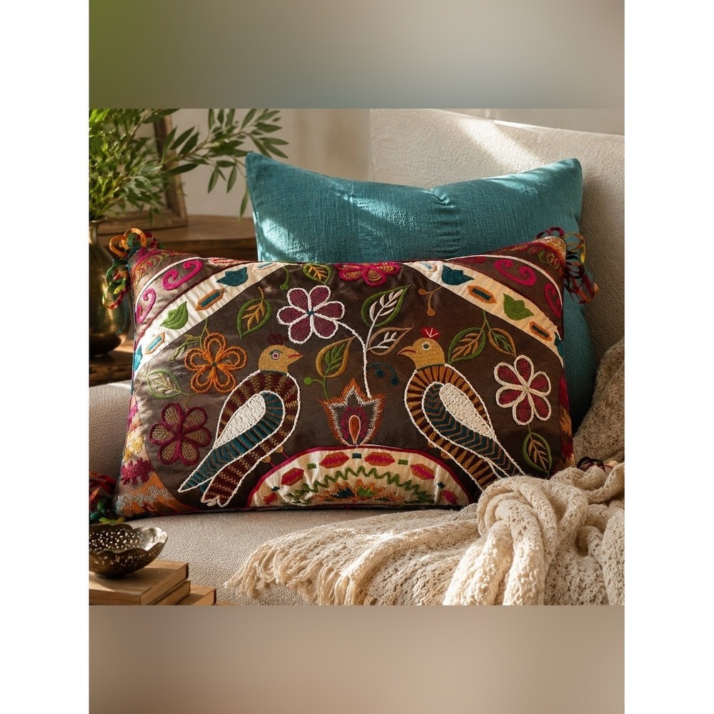 Pier 1 Teal  Chocolate Brown Embroidered Bird Lumbar Pillow 20x12